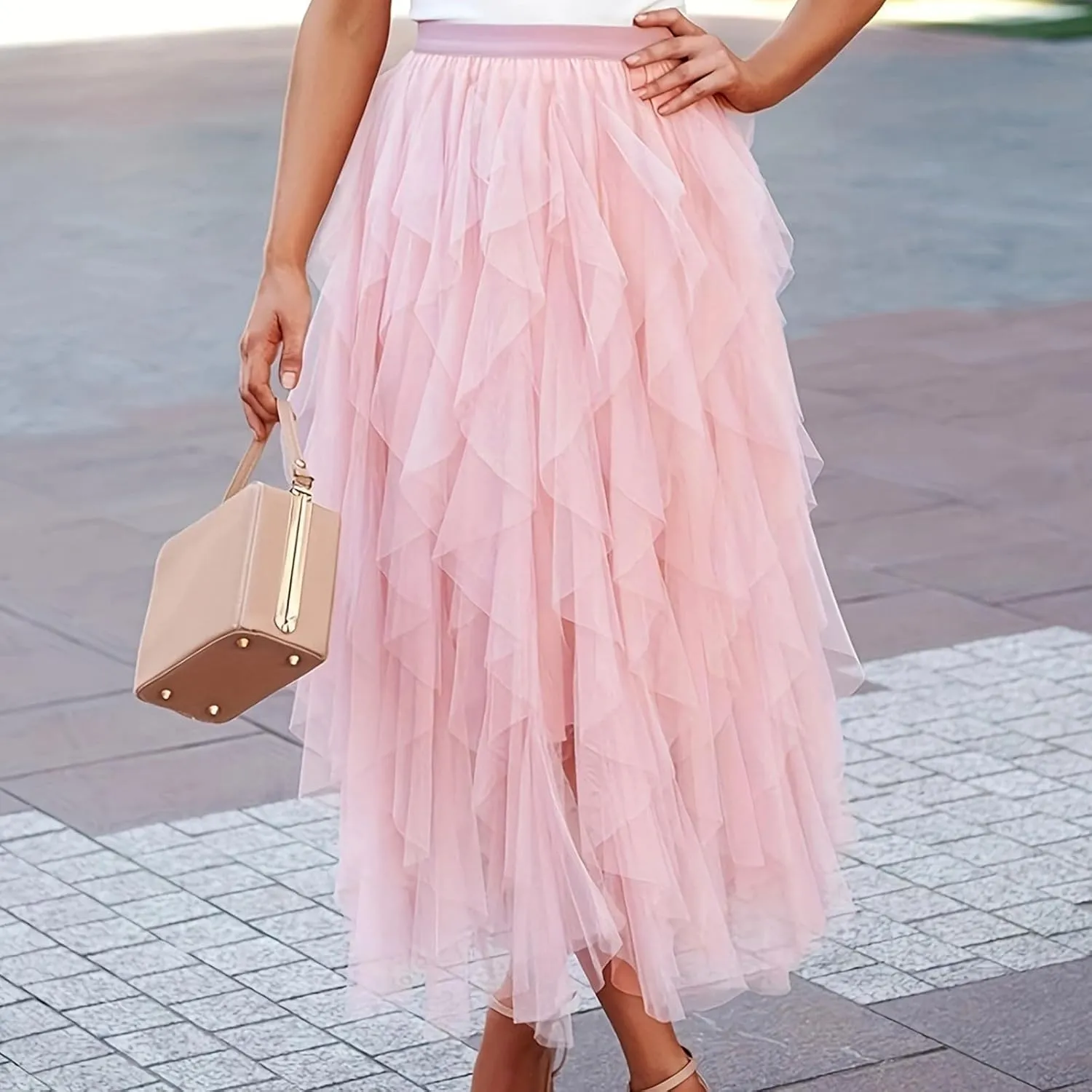 Women's Long A Line Tulle Tutu Skirts Tiered Skirt Petticoat Fairy Mesh Elastic Waist Midi Skirts Holiday Costume