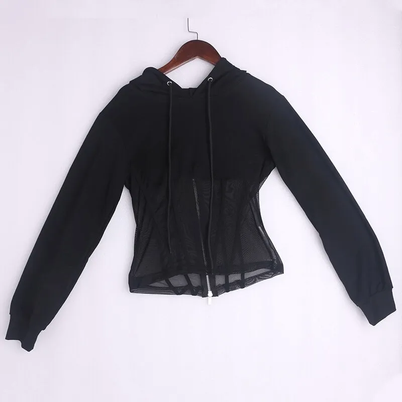 Women's Long Sleeve Hoodies with Mesh See-through Elements with Zipp