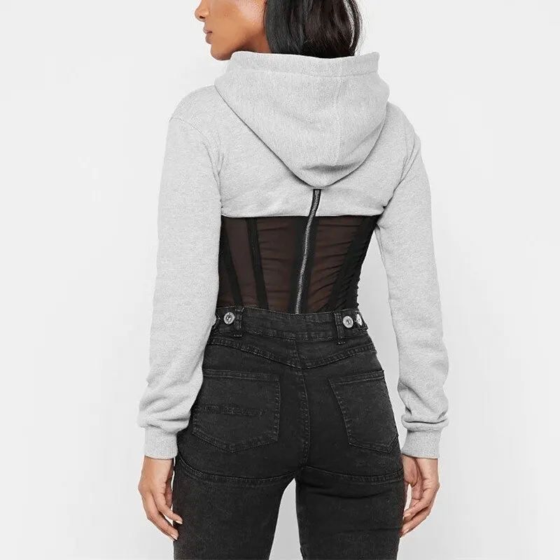 Women's Long Sleeve Hoodies with Mesh See-through Elements with Zipp