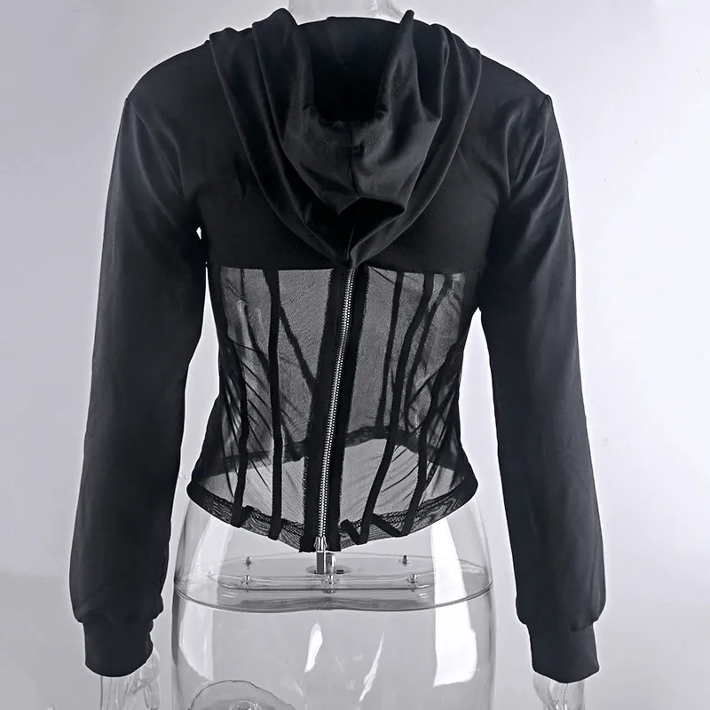 Women's Long Sleeve Hoodies with Mesh See-through Elements with Zipp