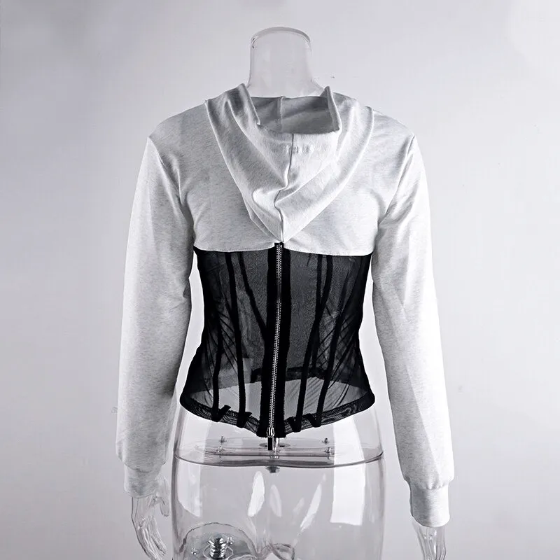 Women's Long Sleeve Hoodies with Mesh See-through Elements with Zipp