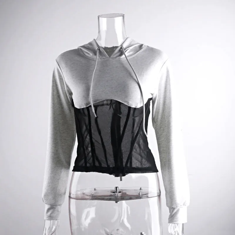 Women's Long Sleeve Hoodies with Mesh See-through Elements with Zipp