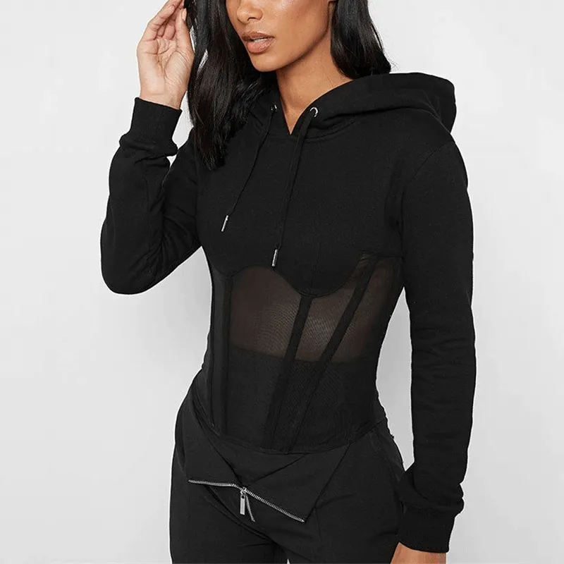 Women's Long Sleeve Hoodies with Mesh See-through Elements with Zipp