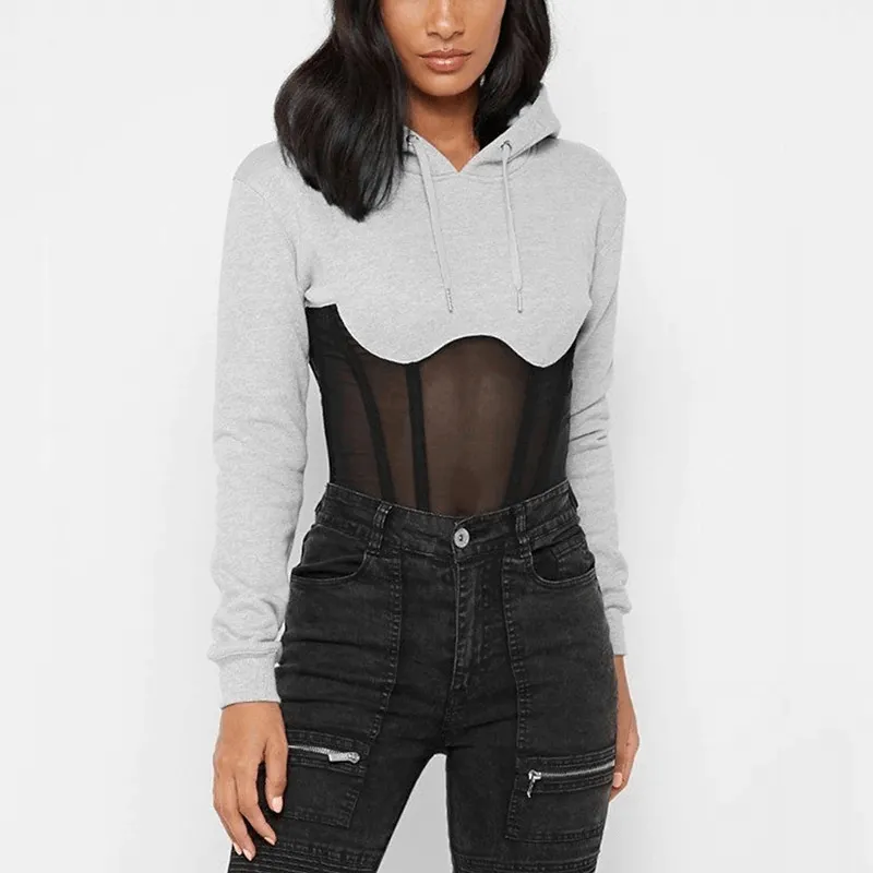 Women's Long Sleeve Hoodies with Mesh See-through Elements with Zipp
