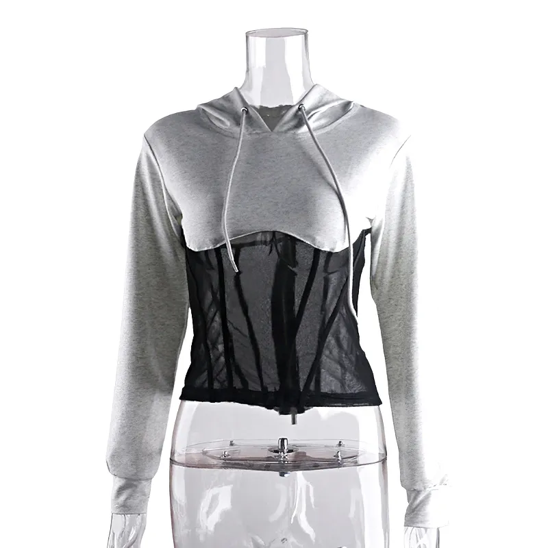 Women's Long Sleeve Hoodies with Mesh See-through Elements with Zipp