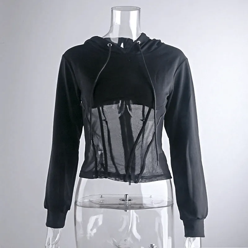 Women's Long Sleeve Hoodies with Mesh See-through Elements with Zipp