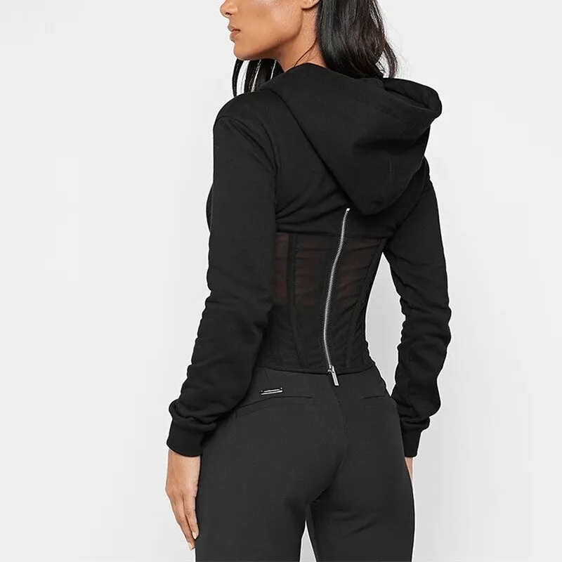 Women's Long Sleeve Hoodies with Mesh See-through Elements with Zipp