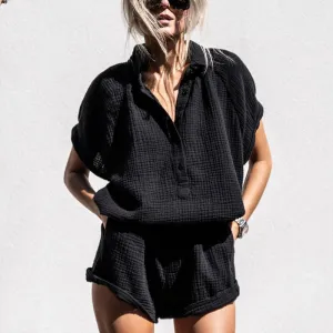 Womens Lounge Set  Lightweight Cotton  V-Neck Top  Elastic Waist Shorts