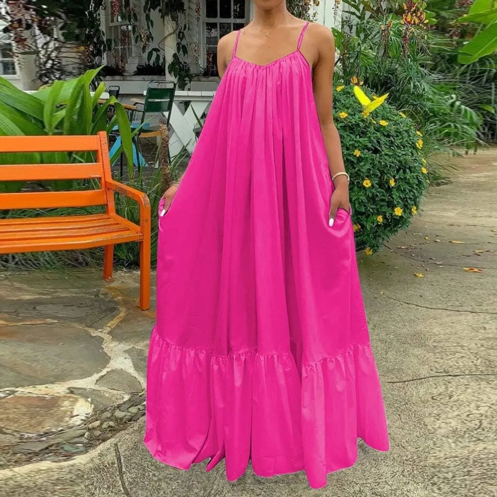 Women's Maxi Boho Dress Summer Casual Loose Sleeveless Sundress Spaghetti Strap Flowy Beach Vacation Long Dresses