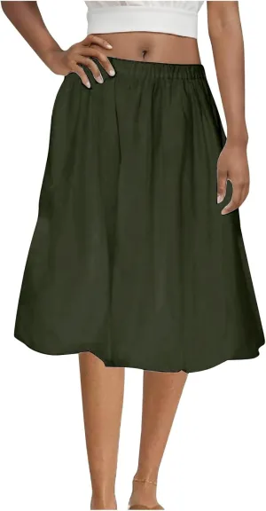 Women's Midi Skirt Basic Knee Length Elastic Waist Casual Skirts Pleated Solid Flowy Swing Flared Dress Skirt