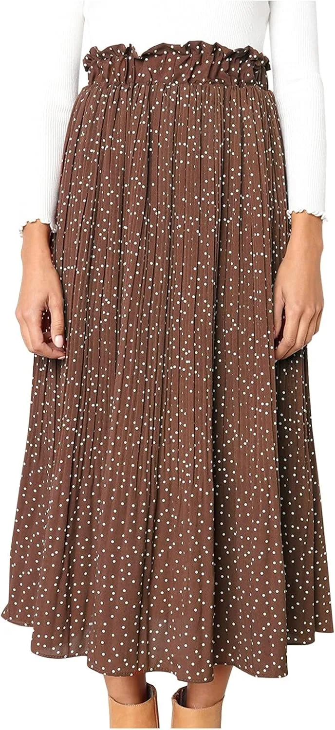 Women's Pleated Skirt Elegant High Skirt Dot Women's Pleated Midi Casual Waist Maxi Skirts A-Line Spring Dresses
