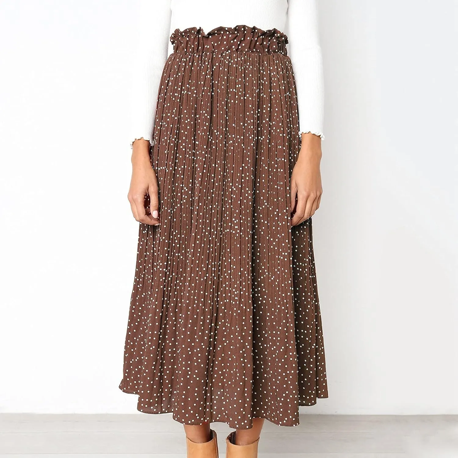 Women's Pleated Skirt Elegant High Skirt Dot Women's Pleated Midi Casual Waist Maxi Skirts A-Line Spring Dresses