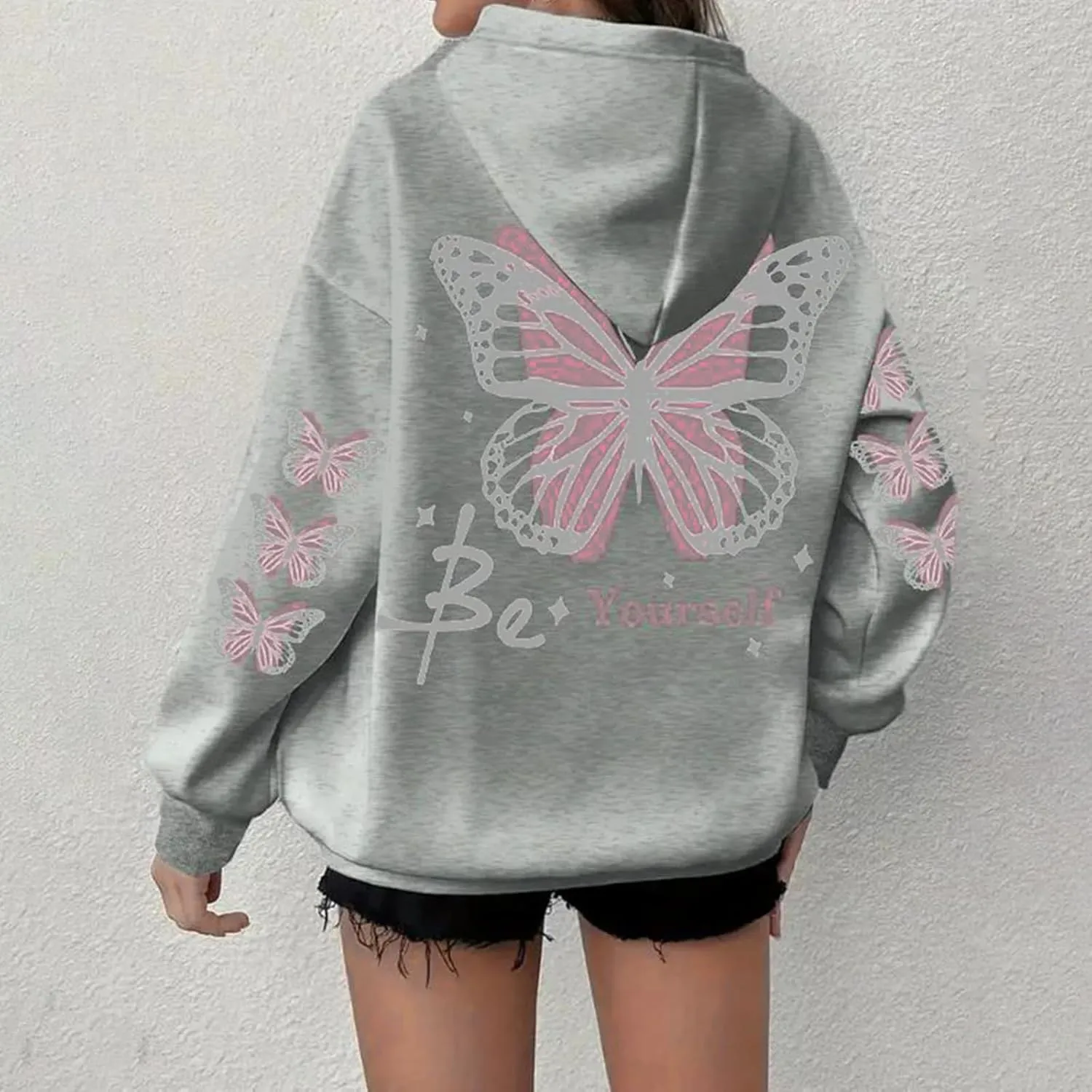 Womens Plus Size Hoodie Long Sleeve Butterfly Print Loose Hooded Sweatshirt with Pocket Casual Streetwear Outfits