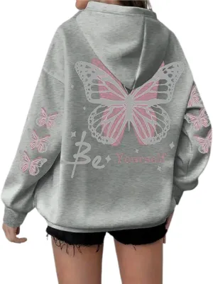 Womens Plus Size Hoodie Long Sleeve Butterfly Print Loose Hooded Sweatshirt with Pocket Casual Streetwear Outfits