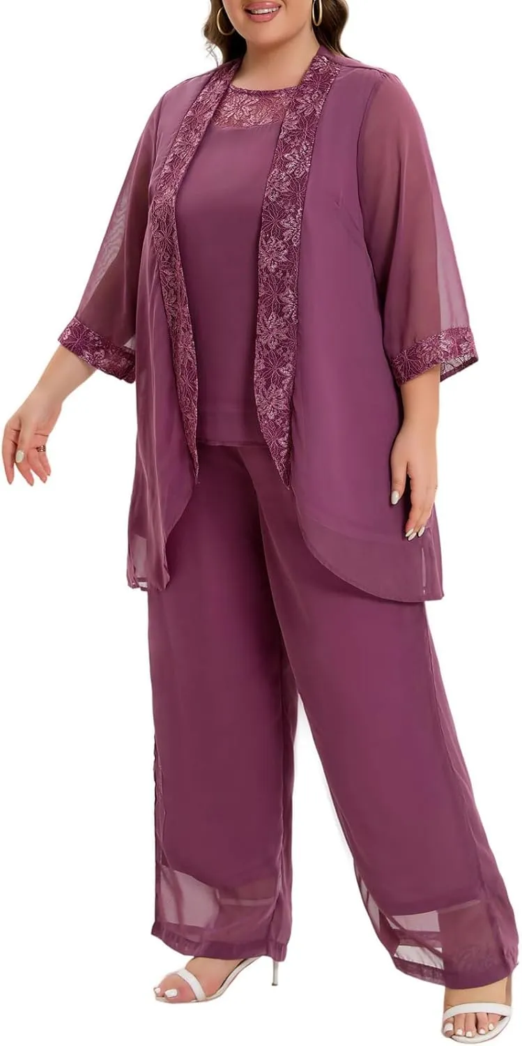 Women's Plus Size Mother of Bride Pant Suits 3 Piece Chiffon Party Sets Lace Splicing Design Evening Gowns