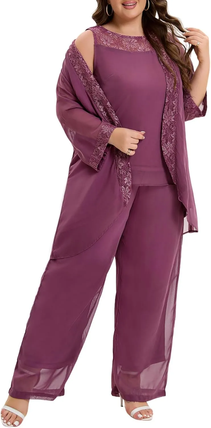 Women's Plus Size Mother of Bride Pant Suits 3 Piece Chiffon Party Sets Lace Splicing Design Evening Gowns