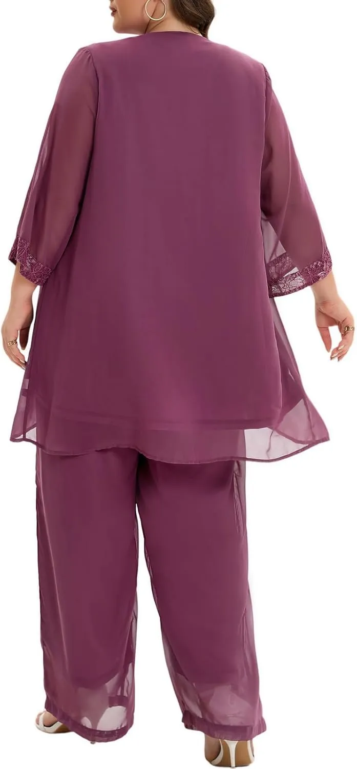 Women's Plus Size Mother of Bride Pant Suits 3 Piece Chiffon Party Sets Lace Splicing Design Evening Gowns