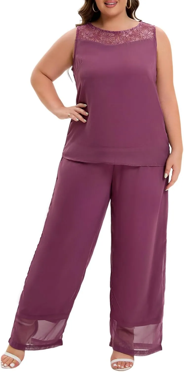 Women's Plus Size Mother of Bride Pant Suits 3 Piece Chiffon Party Sets Lace Splicing Design Evening Gowns