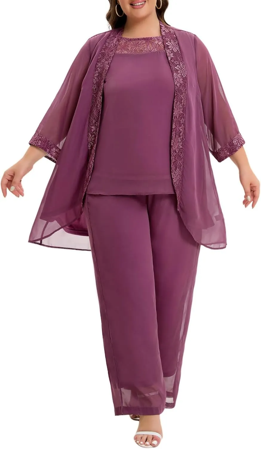 Women's Plus Size Mother of Bride Pant Suits 3 Piece Chiffon Party Sets Lace Splicing Design Evening Gowns