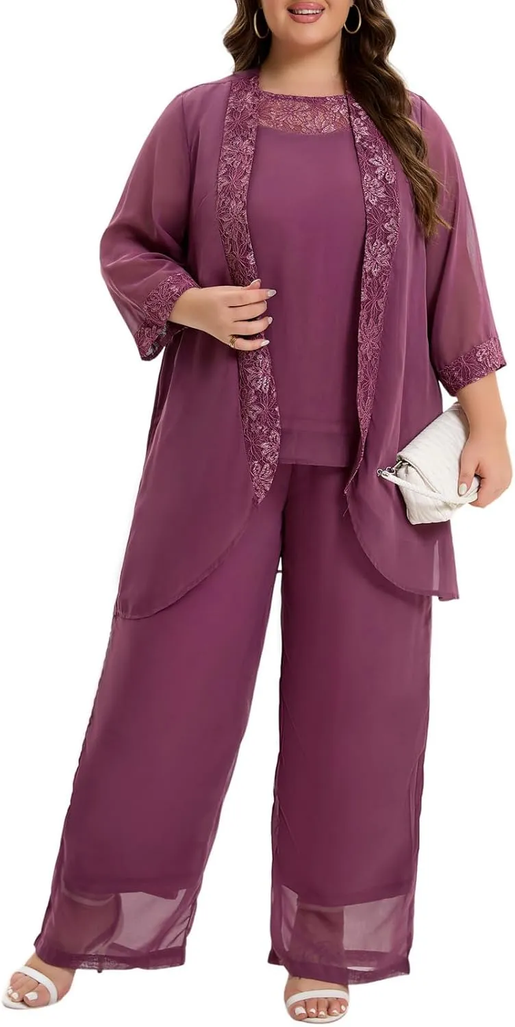 Women's Plus Size Mother of Bride Pant Suits 3 Piece Chiffon Party Sets Lace Splicing Design Evening Gowns
