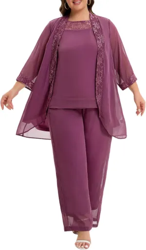 Women's Plus Size Mother of Bride Pant Suits 3 Piece Chiffon Party Sets Lace Splicing Design Evening Gowns