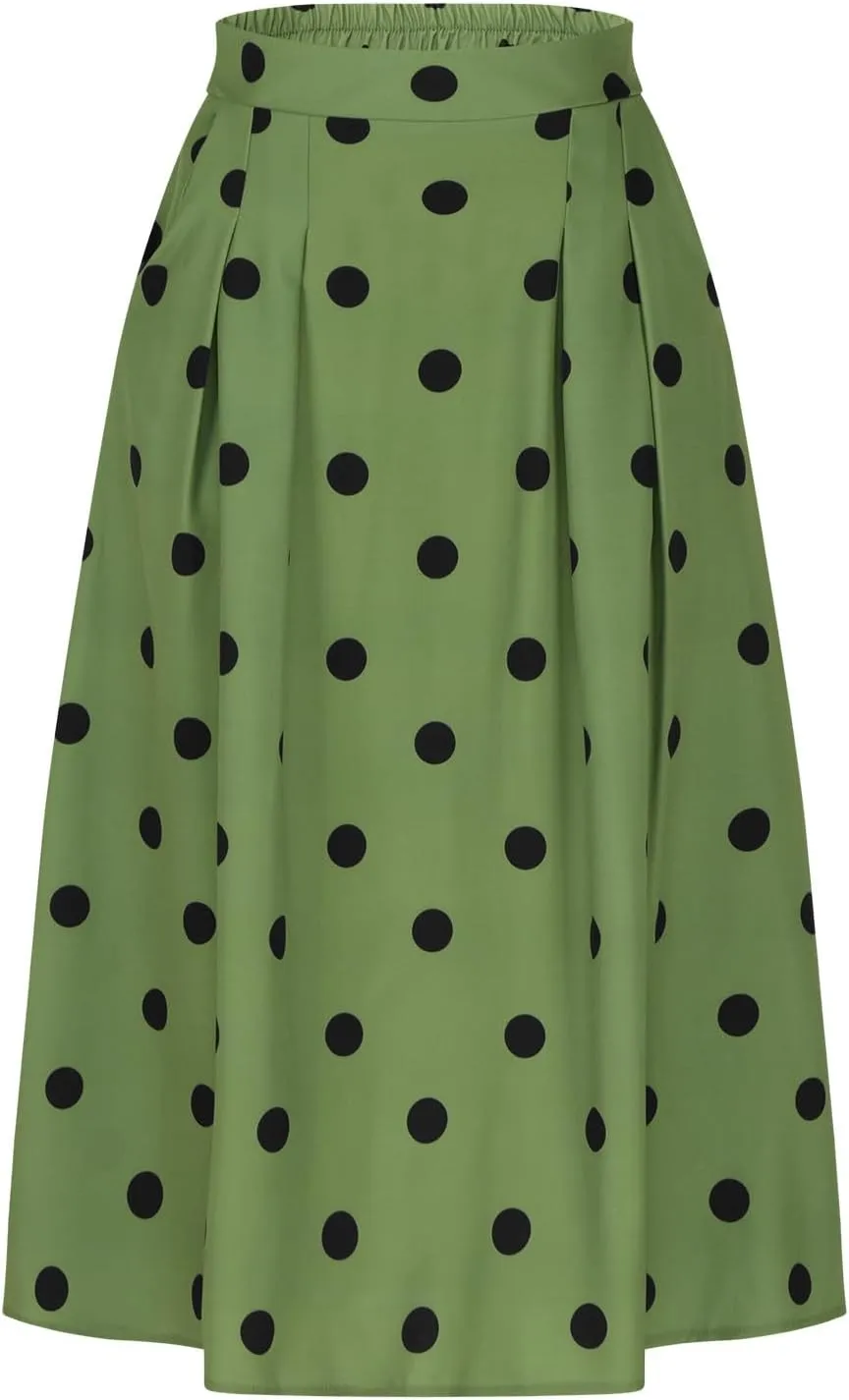 Women's Polka Dots Skirt Dressy Casual Vintage Cute Flared Elastic High Waisted A-Line Swing Pleated Long Skirts