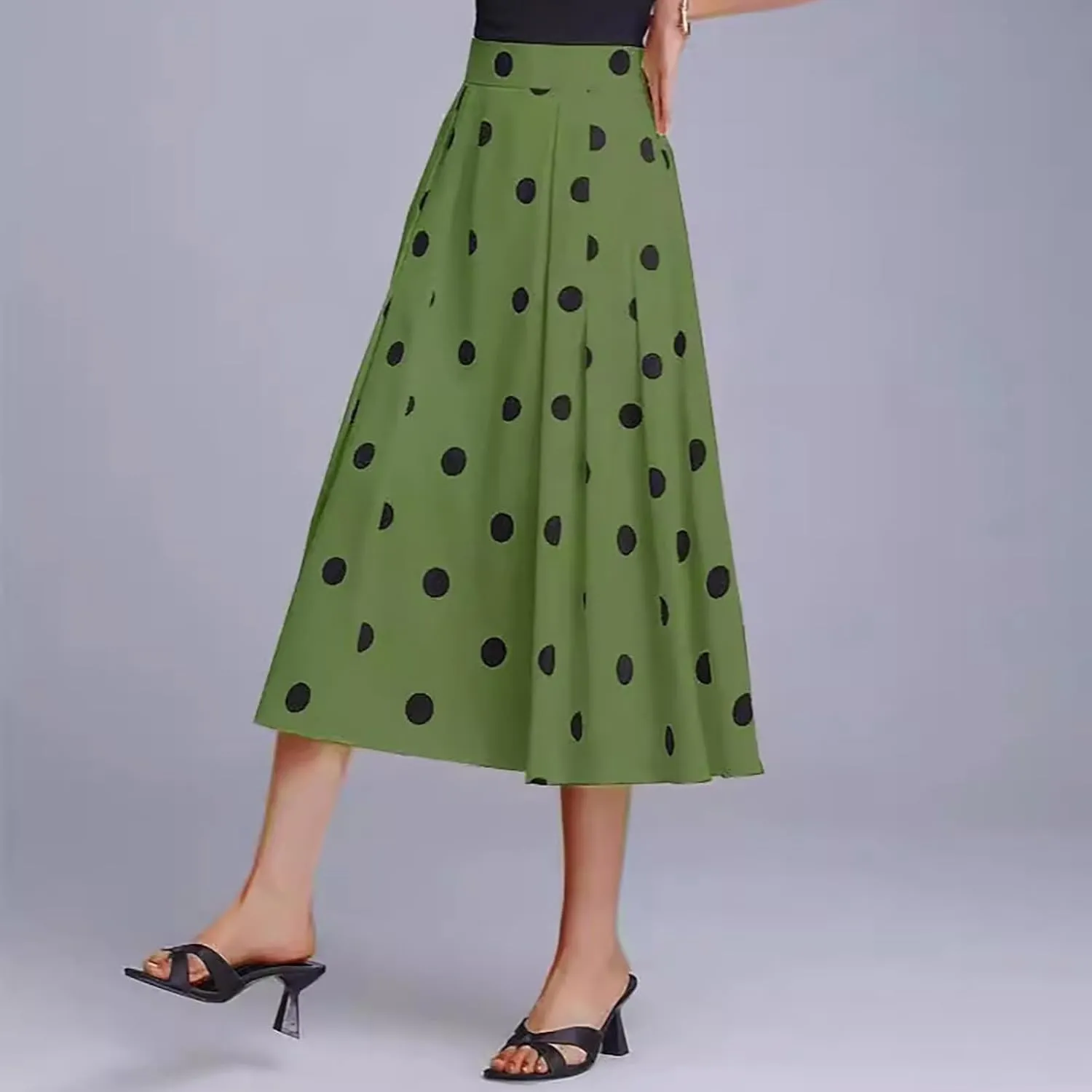 Women's Polka Dots Skirt Dressy Casual Vintage Cute Flared Elastic High Waisted A-Line Swing Pleated Long Skirts