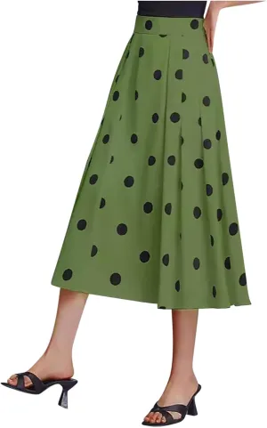 Women's Polka Dots Skirt Dressy Casual Vintage Cute Flared Elastic High Waisted A-Line Swing Pleated Long Skirts
