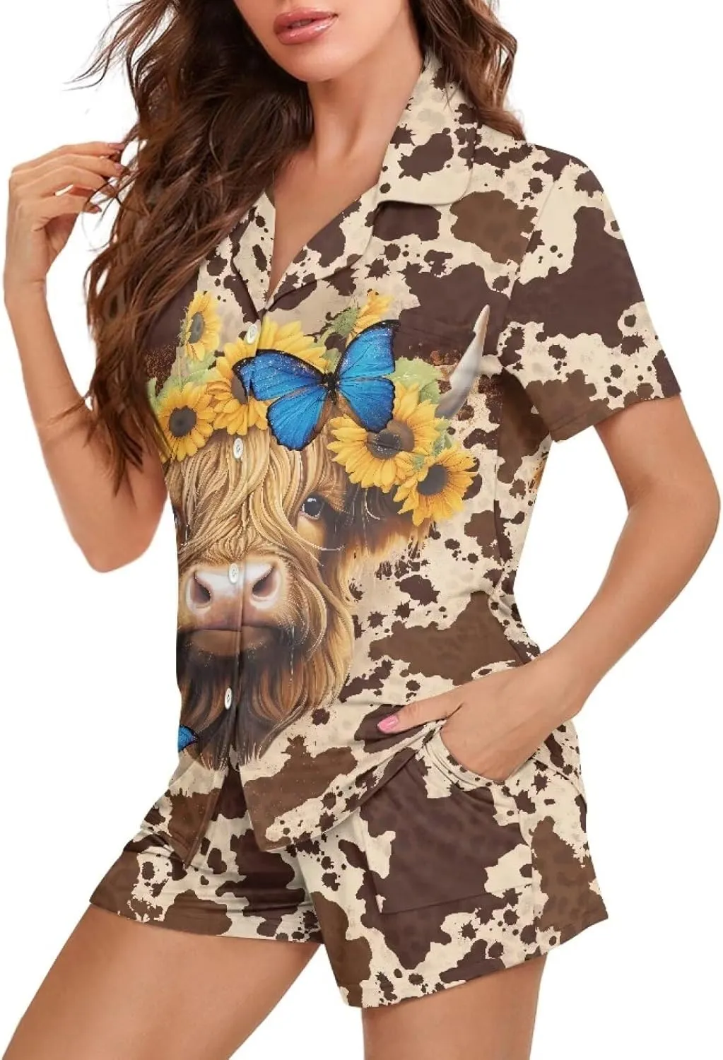 Women's Sleepwear Pajamas Set of 2 Short Sleeve Pants Nightwear with Pockets S-2XL