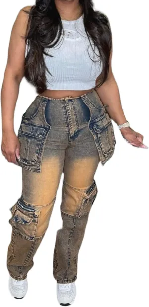 Women's Stretch Cargo Jeans with Multi Pockets, Novelty Fashion Y2K Denim Pants