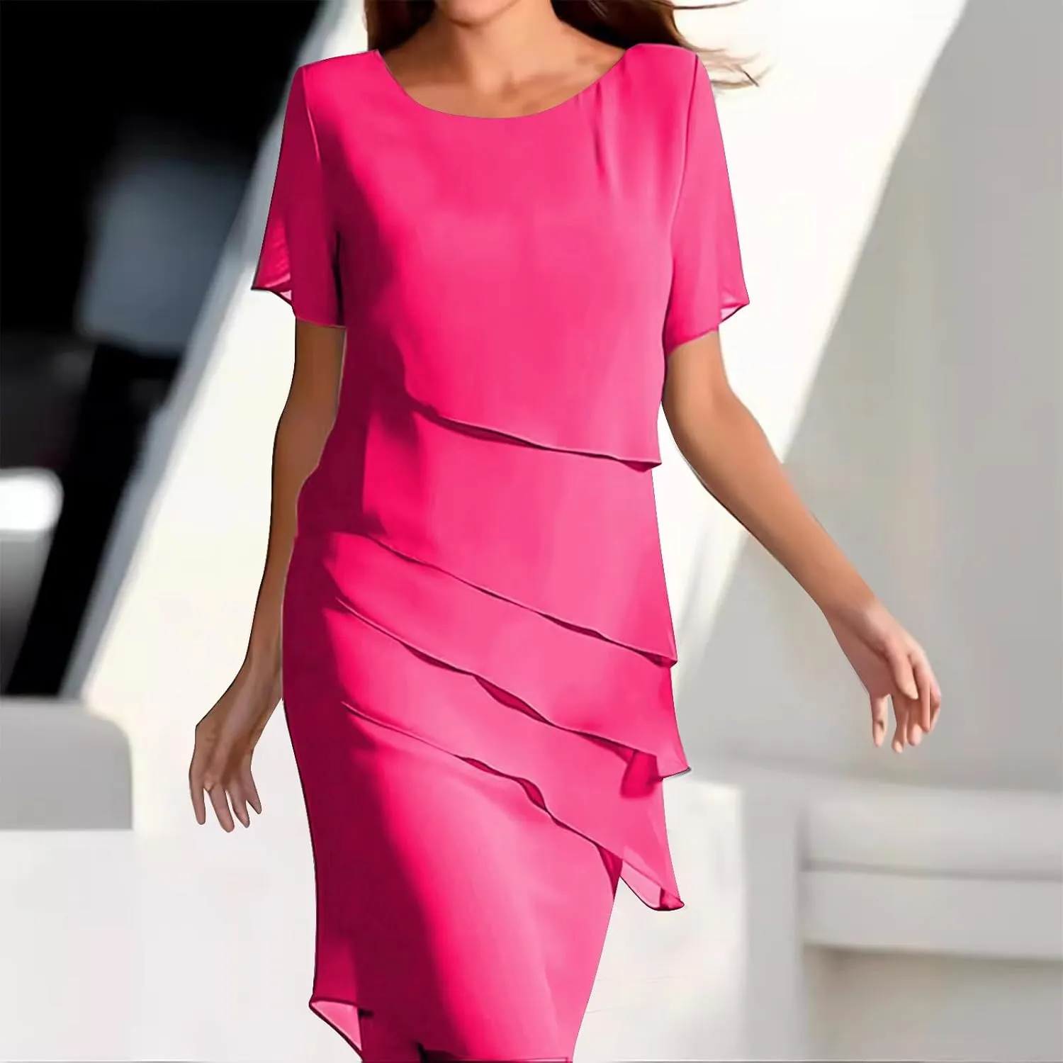 Women's Tiered Chiffon Dresses Pleated A Line Flowy Mini Dress Solid Color Long Dress Cocktail Party Evening Dresses
