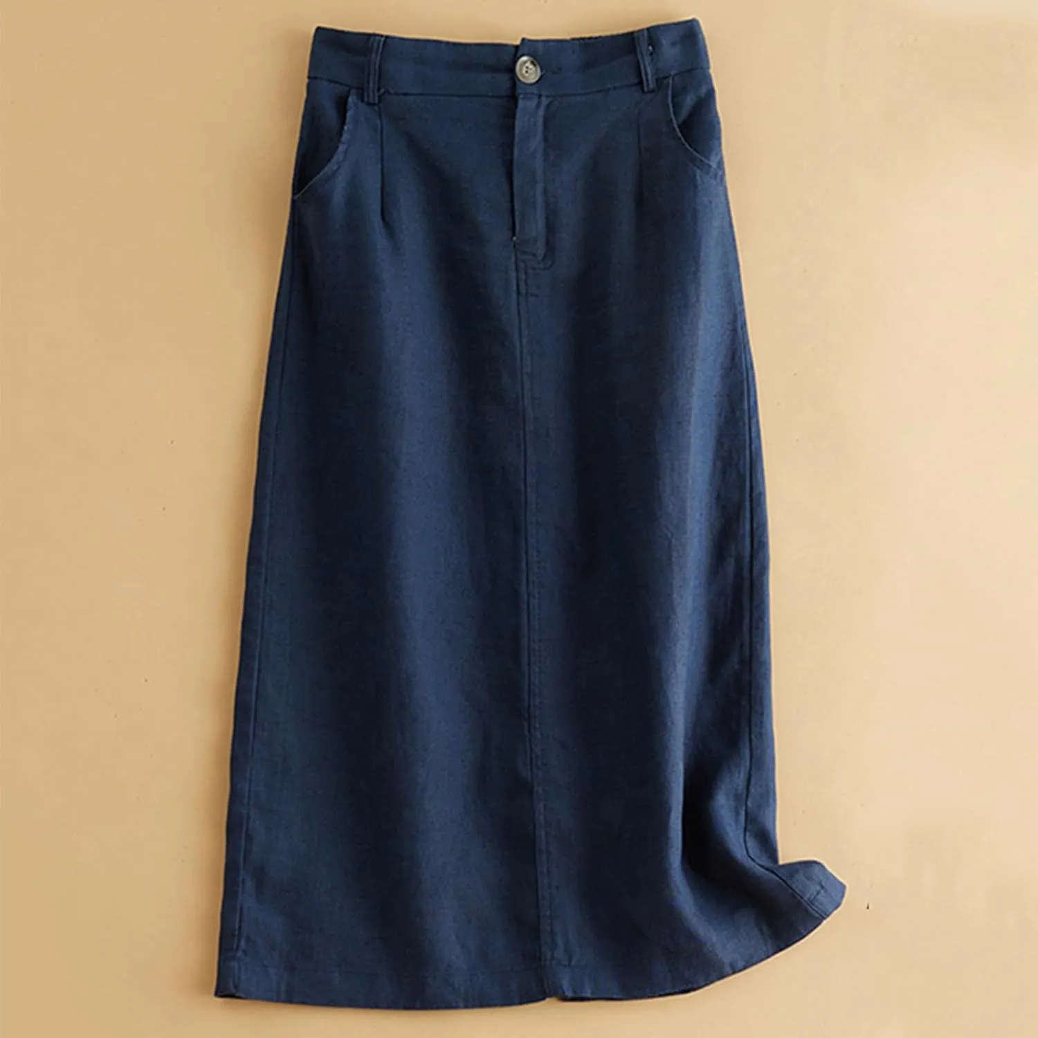 Women's Vintage Cotton Linen Elastic High Waisted Skirt Casual Comfy Loose A-Line Flowy Midi Long Skirts with Pockets