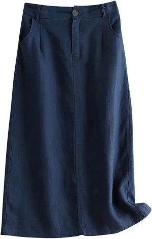 Women's Vintage Cotton Linen Elastic High Waisted Skirt Casual Comfy Loose A-Line Flowy Midi Long Skirts with Pockets