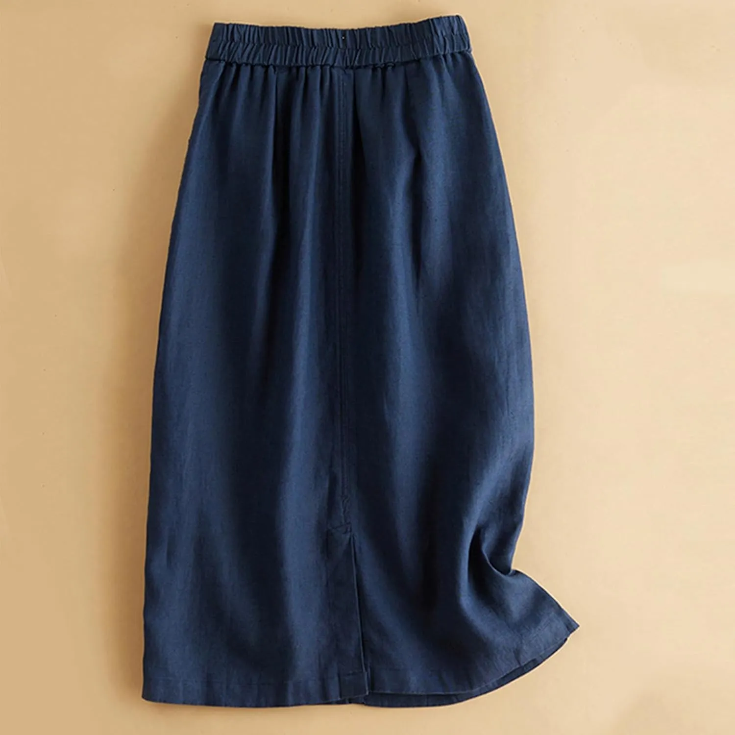Women's Vintage Cotton Linen Elastic High Waisted Skirt Casual Comfy Loose A-Line Flowy Midi Long Skirts with Pockets