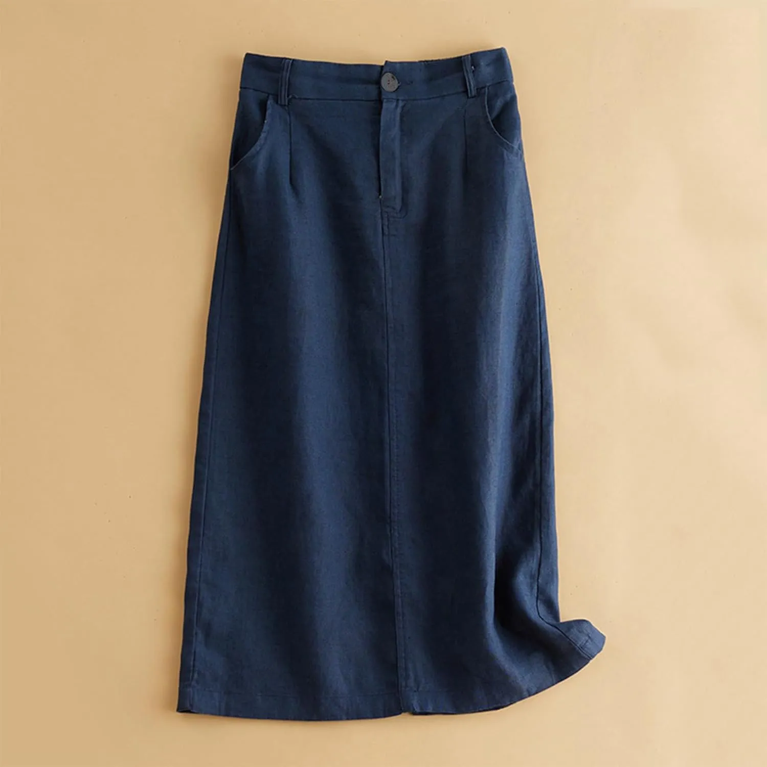 Women's Vintage Cotton Linen Elastic High Waisted Skirt Casual Comfy Loose A-Line Flowy Midi Long Skirts with Pockets