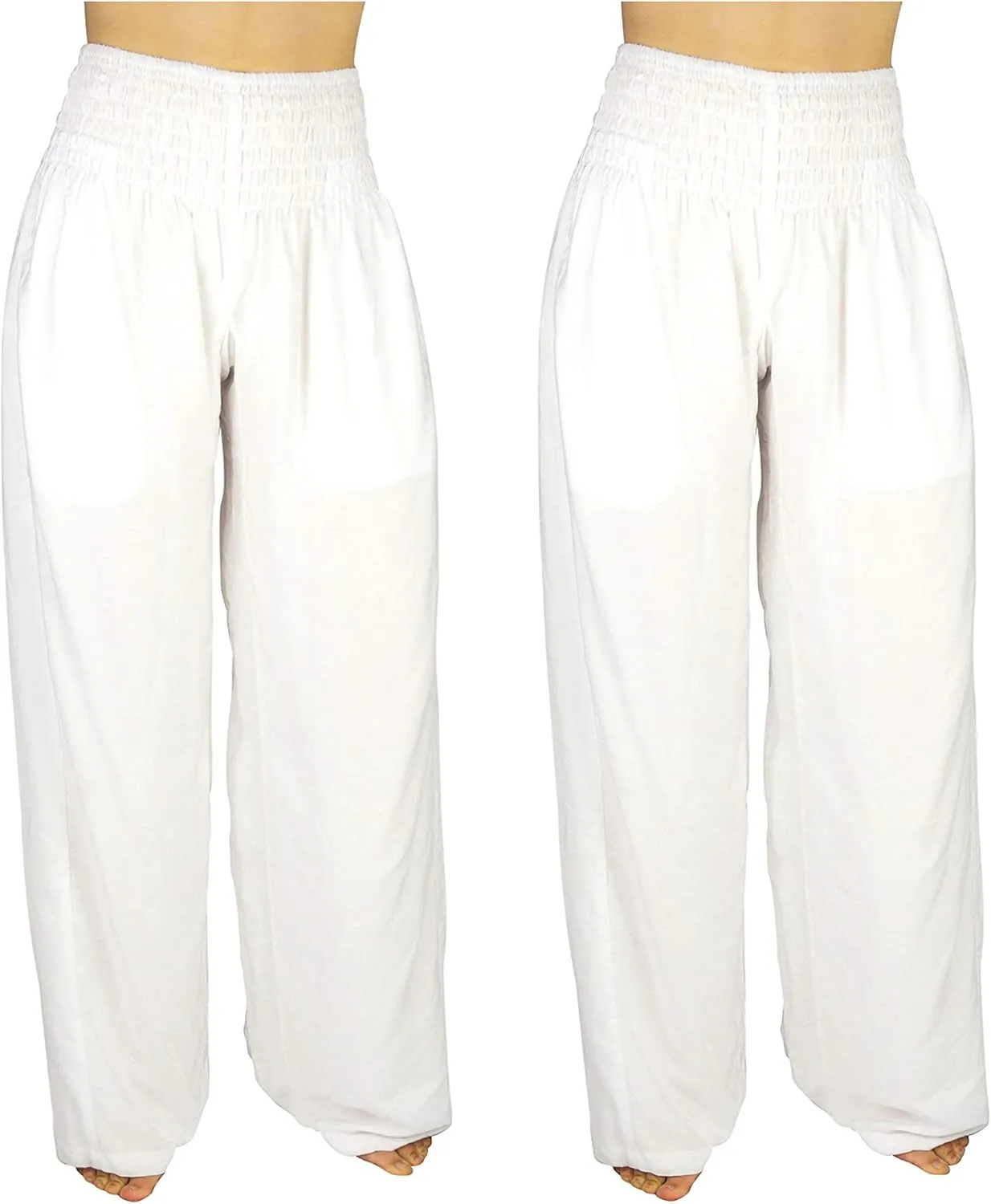 Womens Wide Leg Palazzo Pants, Loose Flare, Smocked High Waist w Pockets