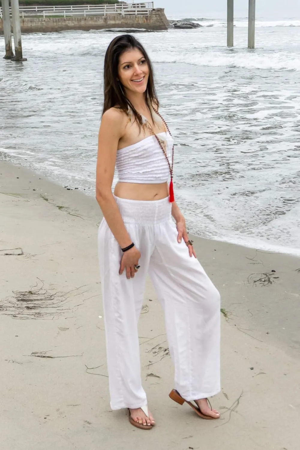Womens Wide Leg Palazzo Pants, Loose Flare, Smocked High Waist w Pockets