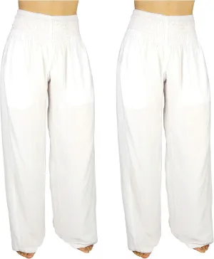 Womens Wide Leg Palazzo Pants, Loose Flare, Smocked High Waist w Pockets