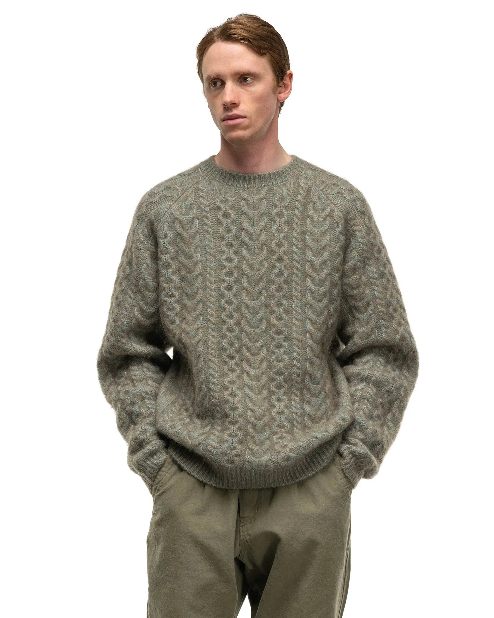 Worker Aran Sweater Kid Mohair/W/N/P Yarn Khaki