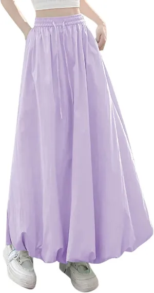 Xiaojmake Women's Casual Boho Maxi Skirt Elastic Waist Pleated A-Line Flowy Long Bubble Skirts Ankle Length Dance Skirt