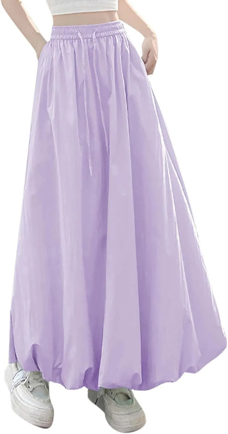 Xiaojmake Women's Casual Boho Maxi Skirt Elastic Waist Pleated A-Line Flowy Long Bubble Skirts Ankle Length Dance Skirt