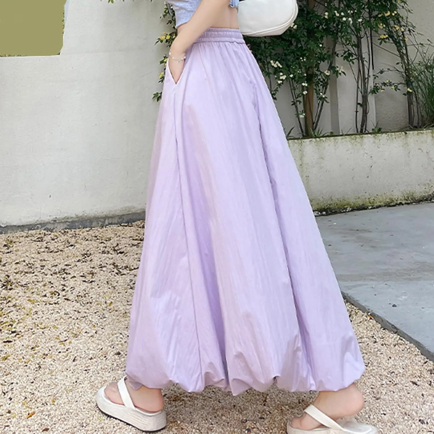 Xiaojmake Women's Casual Boho Maxi Skirt Elastic Waist Pleated A-Line Flowy Long Bubble Skirts Ankle Length Dance Skirt