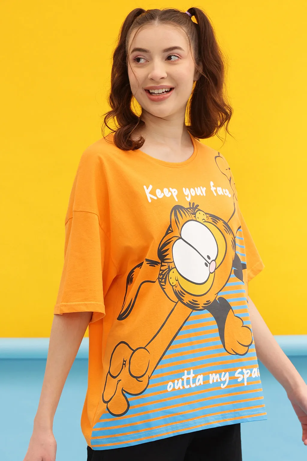 Yellow Cotton Garfield Print Oversized T-Shirt