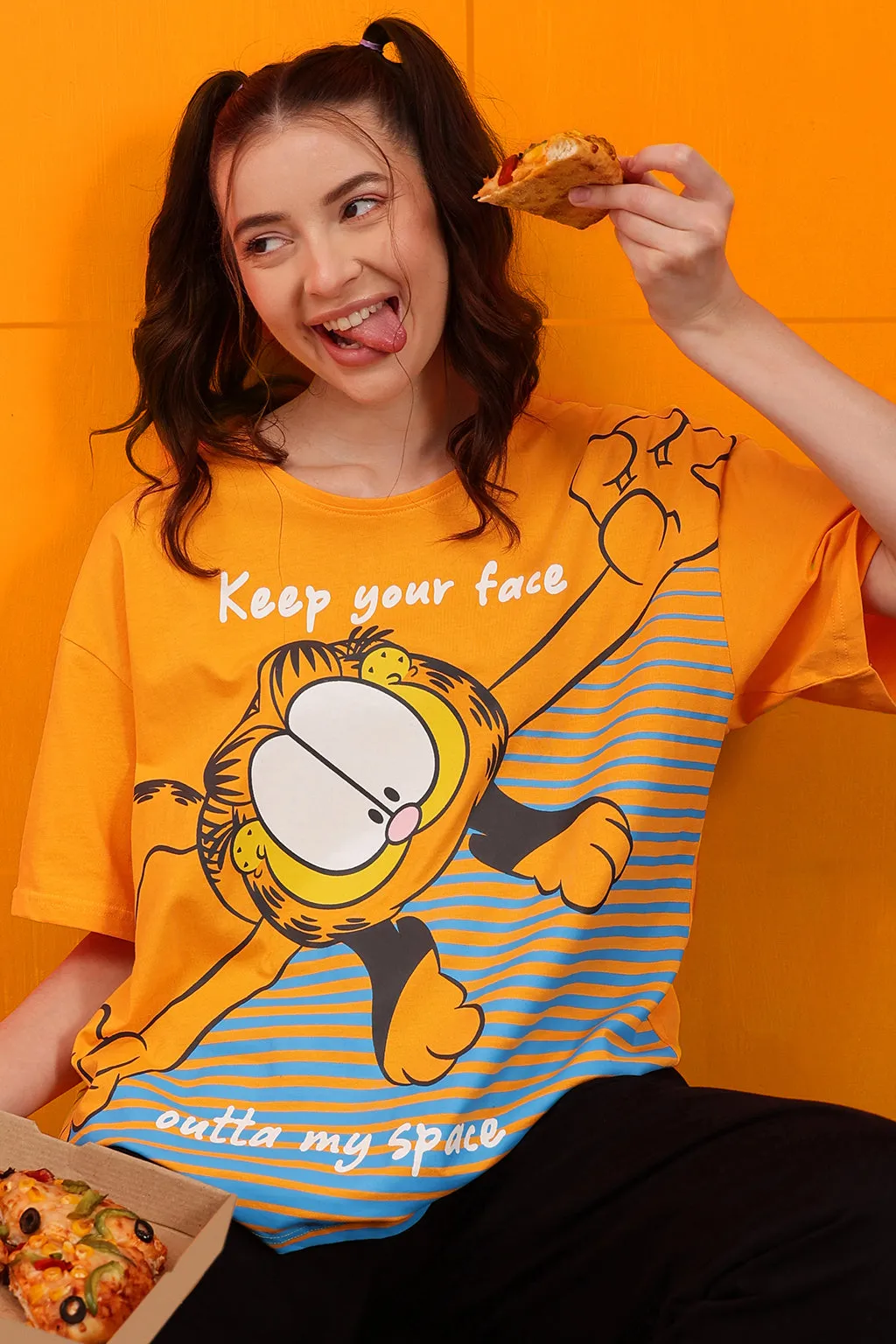Yellow Cotton Garfield Print Oversized T-Shirt