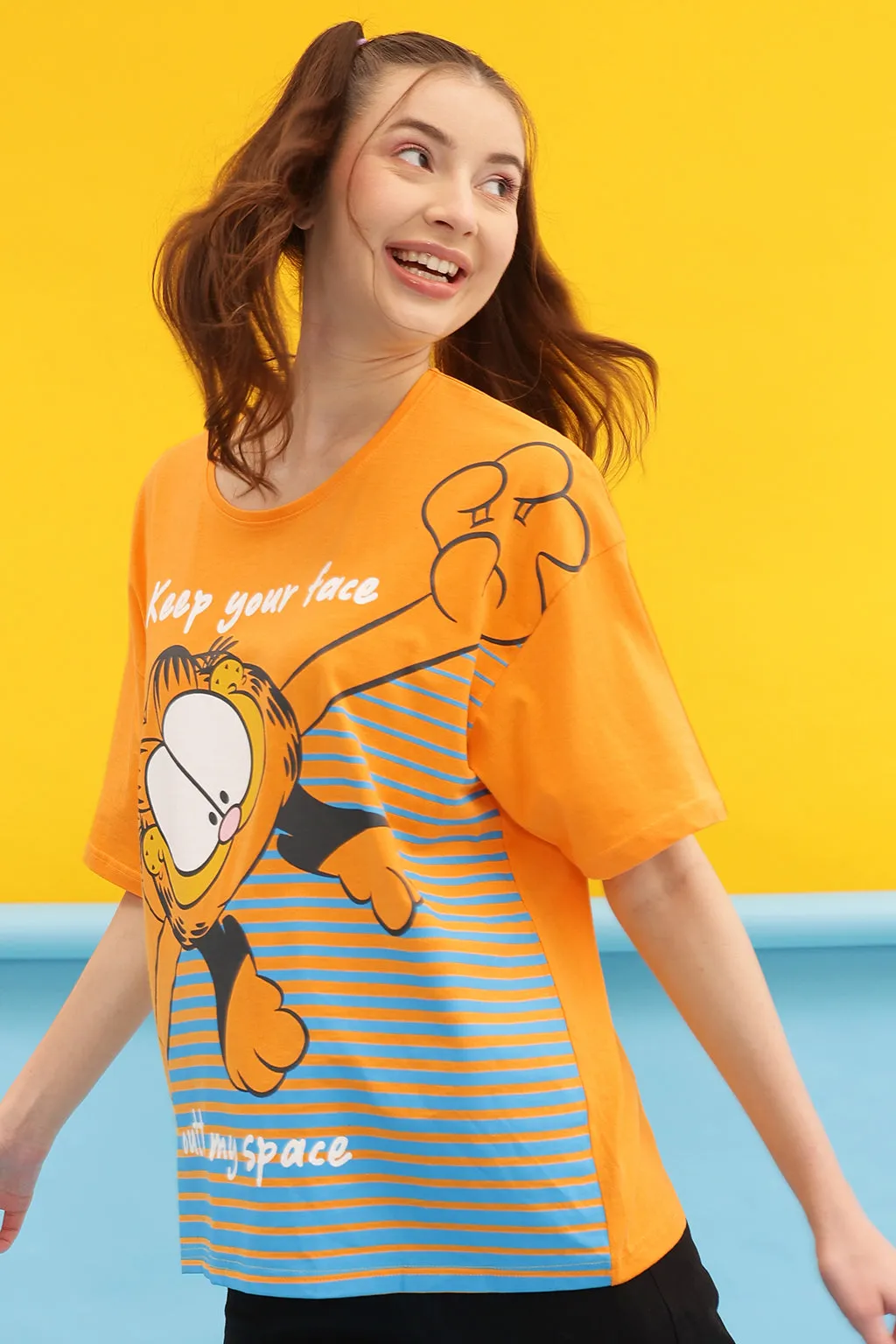 Yellow Cotton Garfield Print Oversized T-Shirt