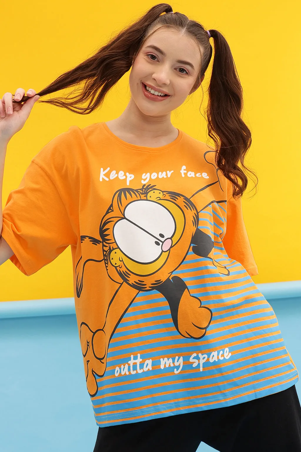 Yellow Cotton Garfield Print Oversized T-Shirt