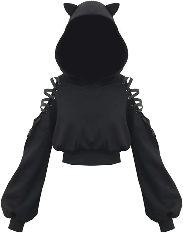 YEMOCILE Women Hoodies Long Sleeve Cute Ear Cat Off Shoulder Crop Top Pullover Sweatshirt