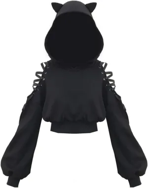 YEMOCILE Women Hoodies Long Sleeve Cute Ear Cat Off Shoulder Crop Top Pullover Sweatshirt
