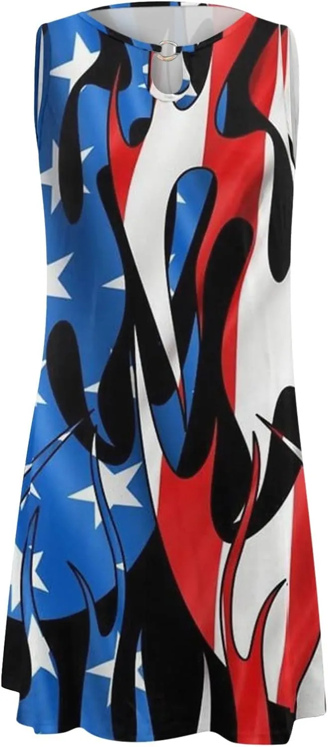 ZYXTIM Women's Casual Summer Sleeveless Dresses American Flag Star Vertical Striped Flowy Swing Shift Dress Boho Tank Dress