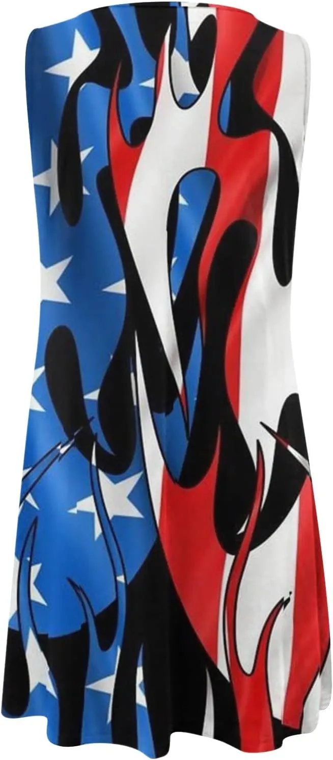 ZYXTIM Women's Casual Summer Sleeveless Dresses American Flag Star Vertical Striped Flowy Swing Shift Dress Boho Tank Dress